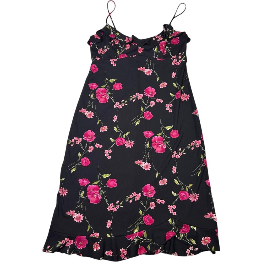 Y2K Jodi Kristopher Black Floral Slip Dress Ruffled Hem Women's L Dark Romantic